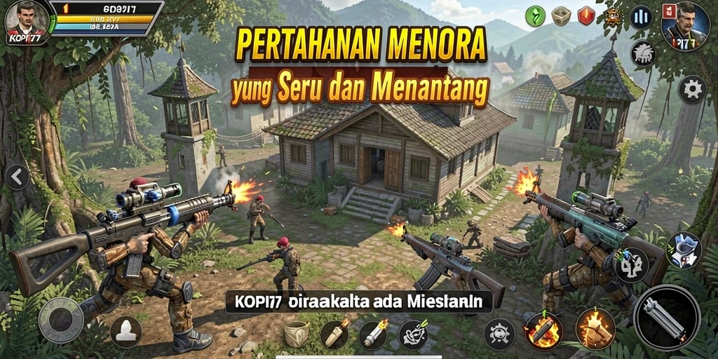 Tampilan permainan KOPI77 dengan menara bertahan melawan gelombang musuh.