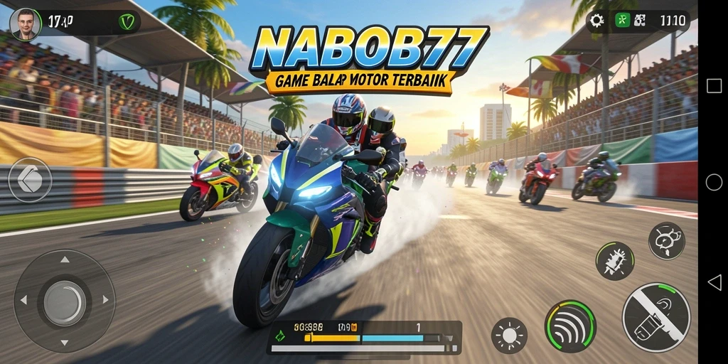 Tampilan gameplay menegangkan di NABOB77 dengan aksi balapan motor yang mendebarkan.