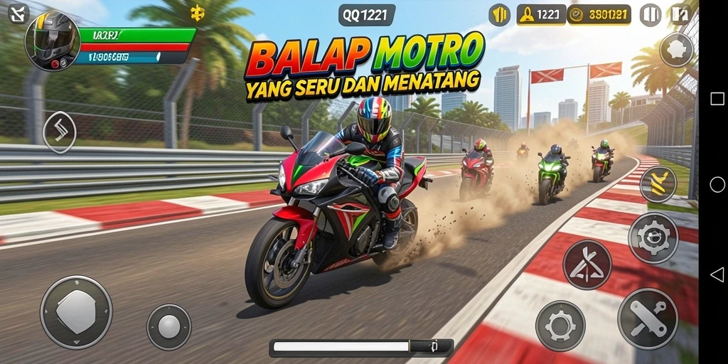 Screenshot gameplay yang menampilkan balapan motor yang mendebarkan di QQ1221.