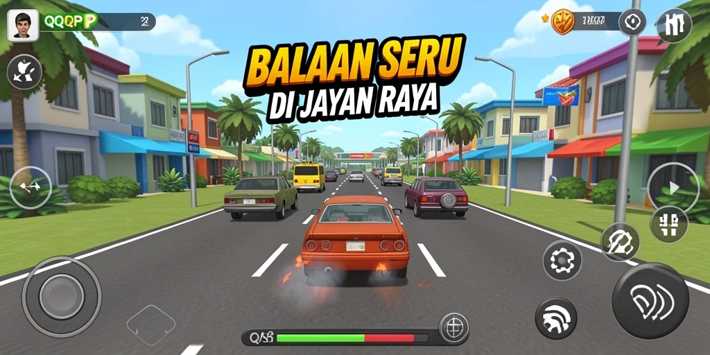 Gameplay QQRP yang mendebarkan dengan aksi balapan penuh adrenalin.