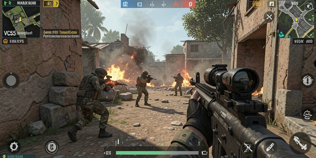 Screenshot VC55 menunjukkan aksi tembak-tembakan yang intens dan grafis menawan.