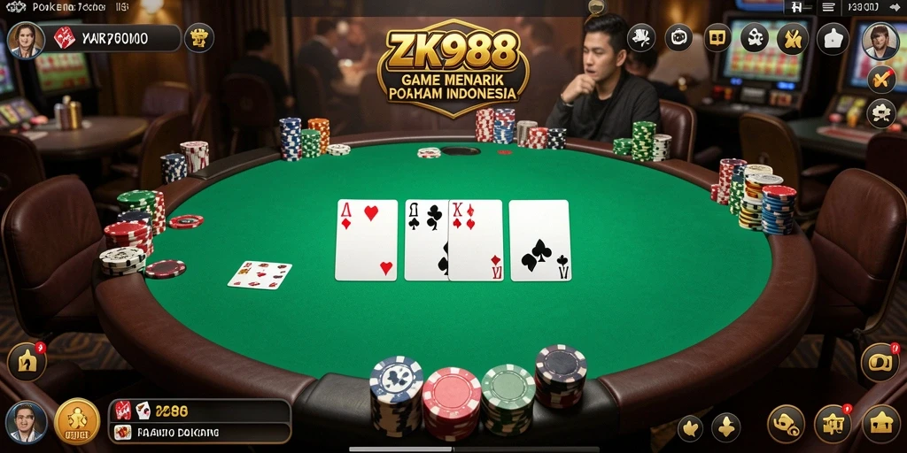 Screenshot gameplay ZK988 menunjukkan saat pemain beraksi di meja poker.